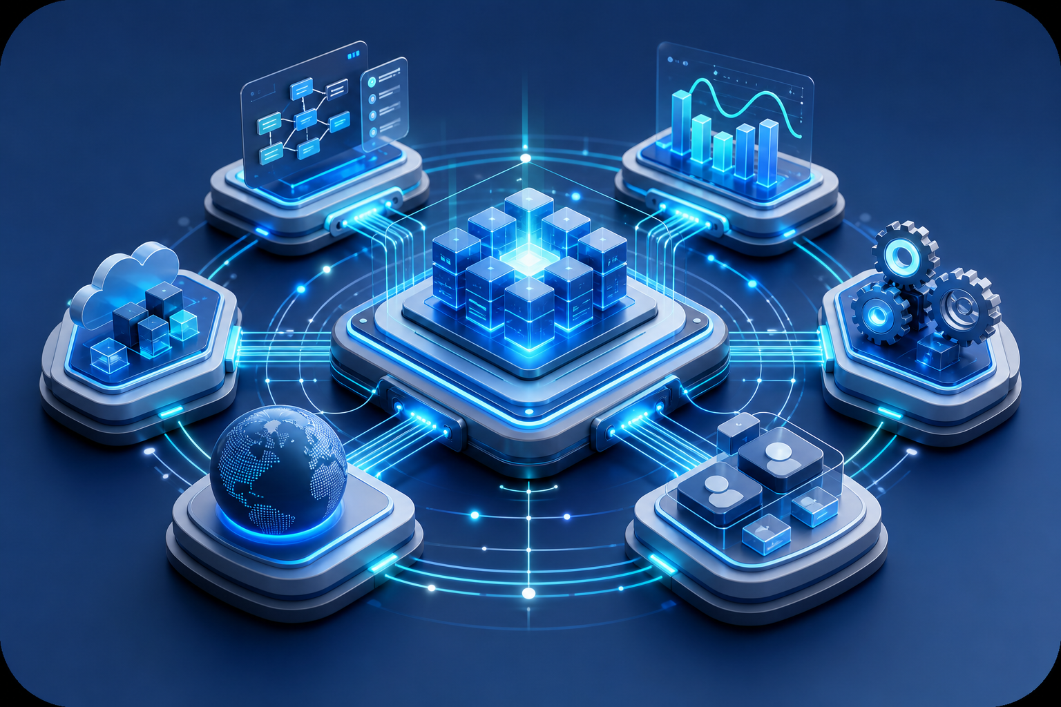 Digital Platform Expansion with Connected Modules and Glowing Lines Digital Platform Expansion with Connected Modules and Glowing Lines