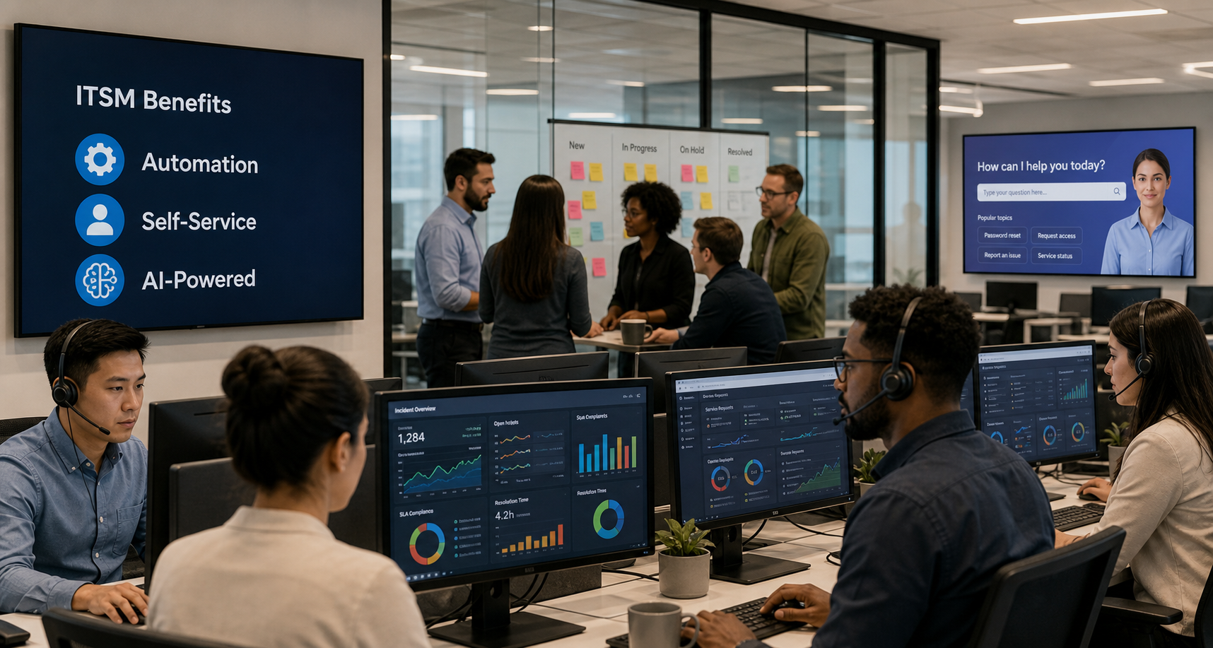 Team looking at ITSM dashboards in a IT office