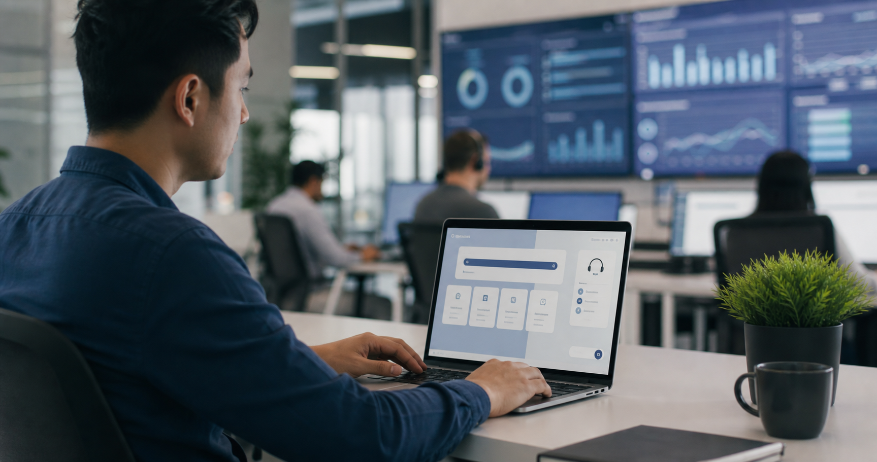Professional looking at a self service screen, with a screen in the background with dashboard with statistics on it